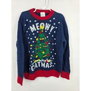 Well Worn Meowy Catmas Ugly Christmas Sweater Navy Blue Red Small